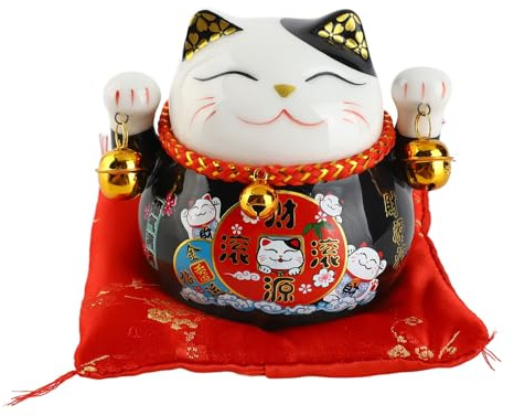 Lucky Cat, Maneki Neko Piggy Bank Beckoning Lucky Cats Fengshui Waving Cat Japanese Fortune Cats Ceramic Money Pot Savings Money Bank for Home Decor (Black)