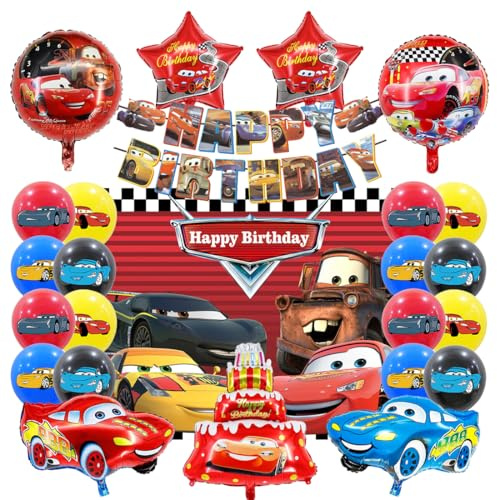 25 Pièces Cars Decoration Anniversaire, Voiture Ballons Feuille, avec Bannière Joyeux et Nappe de Thème pour Garçons, Filles, Fêtes à Thème