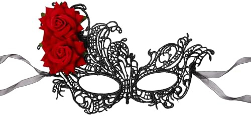 JewelryWe Masque Carnaval Femme Dentelle: Masque Vénitien Sexy et Élégant Demi-Masque Roses Rouges avec Ruban Ajustable pour Déguisement,Bal de Maquillage,Mascarade - Cadeau Halloween