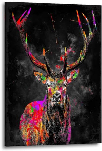 Kunstgestalten24 | Hirsch Pop Art Bunt Leinwandbild | Wohnzimmer Bilder | Tier Wandbilder | Wanddeko | XXL Bilder auf Leinwand | Moderne Bilder | Hochwertiger Kunstdruck