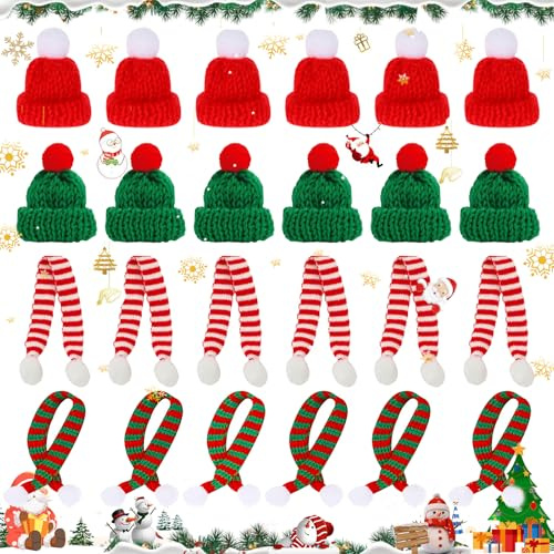 Dtoterul 24 Stk Mini Weihnachtsmütze und Schal Set, Mini Mützen Zum Basteln, Weihnachtsfeiern