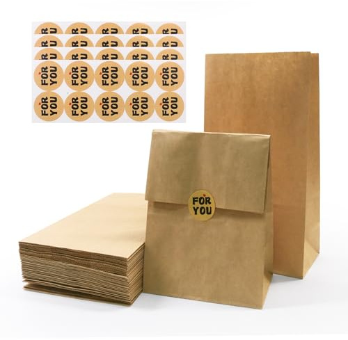 SumDirect Kraft Paper Lunch Bags - 50 Count Brown Paper Bags with sticker, Bulk Durable Bags for Sandwich Bread Gift Wrapping, Food, Party Favor (8x13x24cm)