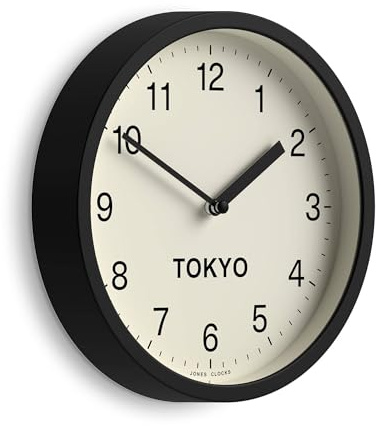 Jones Clocks® Tokyo Time Zone wall clock | Small modern round clock | 20cm | Black | Easy to read numbers | Ideal for kitchens, home offices and shared workspaces