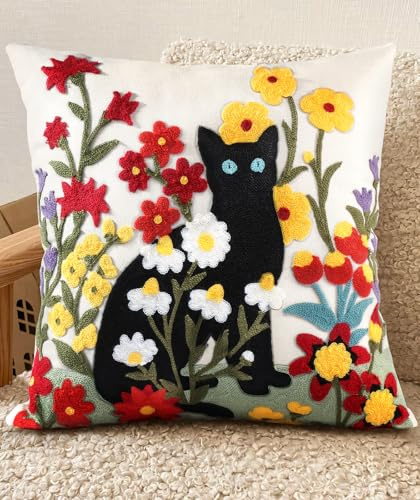 Kokaaee Embroidered Throw Pillow Cover - 18x18 Decorative Pillow Cover with Zipper Aesthetic Cute Design Boho Spring Summer Throw Pillowcase for Living Room Couch Sofa Bed, Flower Cats