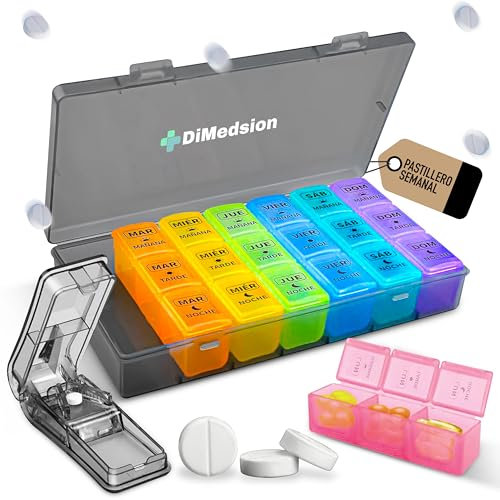 Dimedsion Pastillero Semanal 3 Tomas Español con cortador de pastillas | Pastillero Semanal 3 Tomas, Pastilleros Semanales 3 Tomas con Organizador Medicamentos, Caja para Medicamentos (Negro)