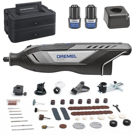 Dremel 8250 - Herramienta rotativa inalámbrica de 12 V 5.000-30.000 RPM, kit multiherramienta sin escobillas con caja Dremel 65 accesorios, 5 accesorios, 2 baterías + cargador para moler, taladrar