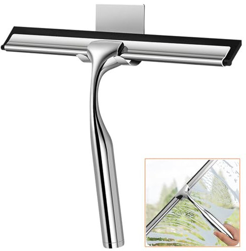 25cm Tergivetro Doccia Acciaio Inossidabile con Gancio, Tergicristallo Vetri Bagno, Spazzola Pulisci Vetro Maniglia Corta, Tiraacqua Silicone per Pulire Cucina Piastrelle, Finestre, Specchi (Argento)