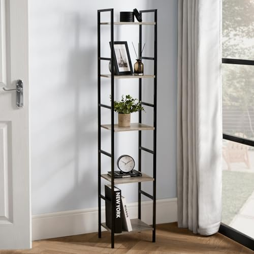 OHS 5 Tier Slim Shelving Unit, Industrial Bookcase Shelf Stand for Home Office Living Room Bedroom Bathroom Narrow Shelves Storage Unit with Metal Frames, Grey - 140 x 30 x 24cm