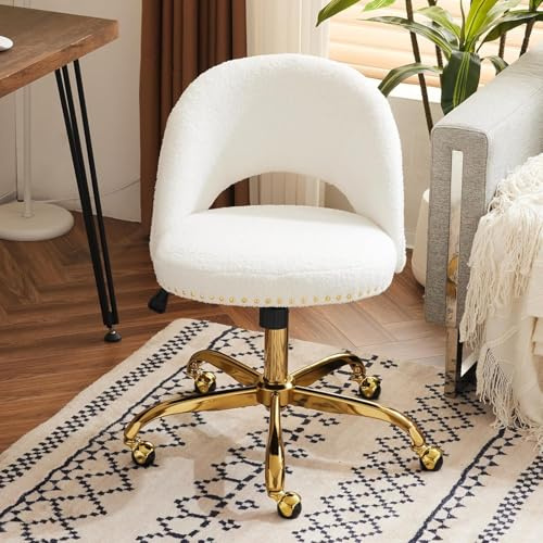 Bonnlo Bürostuhl mit Rollen, Drehstuhl mit goldenen Nieten, Schminktisch Stuhl bis 136KG, Höhenverstellbar Schreibtischstuhl für Arbeitszimmer, Schlafzimmer, Homeoffice (Teddystoff, Weiß)