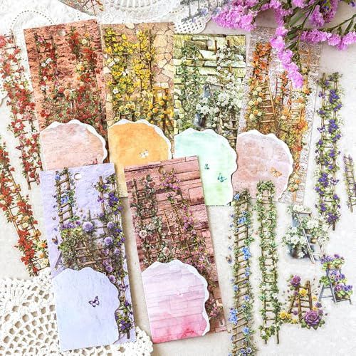 60 Blätter Vintage Blumenleiter Aufkleber Blumen Sticker Set Blume Scrapbooking Sticker Aesthetic Bastelpapier Scrapbook Zubehör Flower Scrapbook Stickers PET Aufkleber Fotoalbum Journaling Zubehör