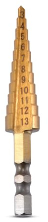 HOHXEN Stufenbohrer (3mm-13mm), Schnellarbeitsstahl 11 Stufen titanbeschichtet, 1/4 Zoll Sechskantschaft gerillter Stufenbohrer, Pagodenstufenbohrer, Lochschneiderwerkzeuge für Holz, Edelstahl, Blech