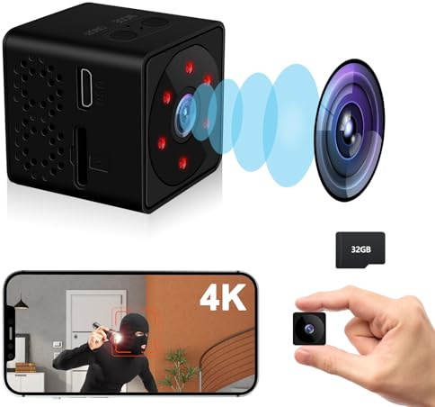 Bextgoo Camera Espion, Options Wi-FI ou sans Wi-FI, 4K Mini Camera sans Internet avec Carte TF 32 Go, Angle Large de 150°, Vision Nocturne, Détection de Mouvement (Noir Mat)
