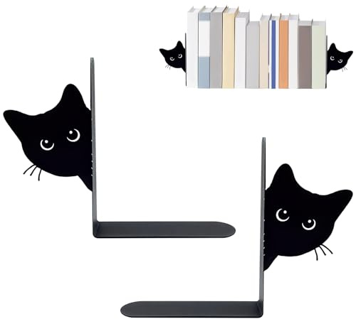 Tarqite 2 Stück Buchstützen Metall, Versteckte Katze Buchstütze, Bücherhalter Schwarz, Kreativität Katze Bücherstütze für Schreibtisch, Schule, Bibliothek, Buchhandlung