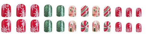 24Pcs Christmas Holly Press On Nails Green Glossy Glitters False Short Square Snowflake Stick On Manicure Nail Accesories