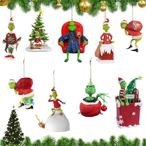 9 Stück Grinch Weihnachtsschmuck, 2D Grinch Acryl Anhänger, Grinch Weihnachtsbaumschmuck, Grinch Hängende Ornament, Weihnachtsbaum Anhänger, Christbaumschmuck der Grinch für Heimdekoration Urlaub