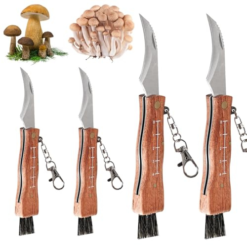 Begonia 4Pcs Pilzmesser mit Bürste & Lineal, Pilzmesser Set Schwammerlmesser mit Pinsel, Taschenmesser Klappmesser mit Holzgriff für Champignon/Trüffel Outdoor, Geschenk Pilzsammler Pilzesammeln