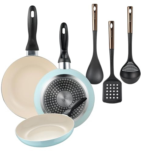 Set di 3 padelle San Ignacio Ø16Ø20Ø24 cm in alluminio pressato Blu celeste+ Set di 3 utensili da cucina in PBT nero e rame