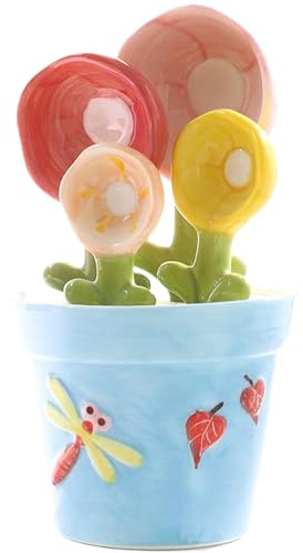 Cactus Measuring Spoons Set In Pot|1 Set Flower Measuring Spoons, Ceramic Cactus In Pot, Decorative Flower and Cup, Blue