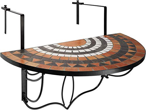 tectake® Tavolo da Balcone 75x65x62cm, Tavolo da Esterno in Mosaico di Pietra, Ganci di metallo per appenderlo, Design Semicircolare, per Terrazzo e Balcone, Arredo Giardino e Casa - Terracotta/Bianco