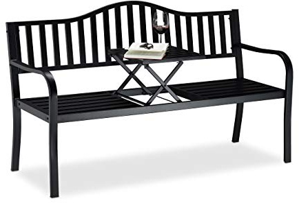 Relaxdays trädgårdsbänk med integrerat bord, sittbänk med plats för 3 personer, robust parkbänk, 90x150x57,5 cm, svart