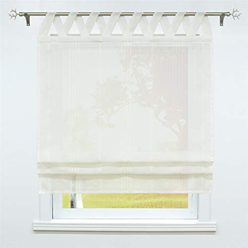 SCHOAL Raffrollo mit Schlaufen Halbtransparente Raffgardine Landhaus Schlaufenrollo Gardinen Leinen Streifen Muster 1 Stück BxH 80x140cm Beige #1
