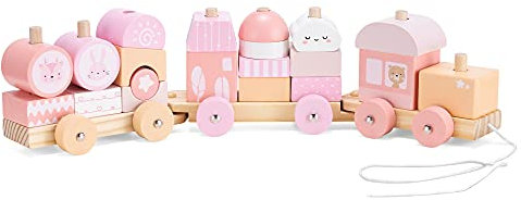 Navaris Holzzug Spielzeug für Mädchen und Jungen - Zug Lokomotive Holz mit Würfel - Eisenbahn inkl. Holzbausteine - Holzeisenbahn zum Nachziehen