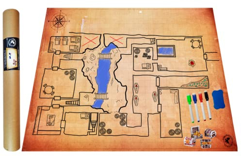 POWER BEAST Dungeon Grid Game Mat + Rotuladores y Borrador + Cofres, Mapa Juego rol, D&D, Tablero rol y Juegos de Mesa, Dungeons and Dragons, DND, RPG, Juegos de rol.