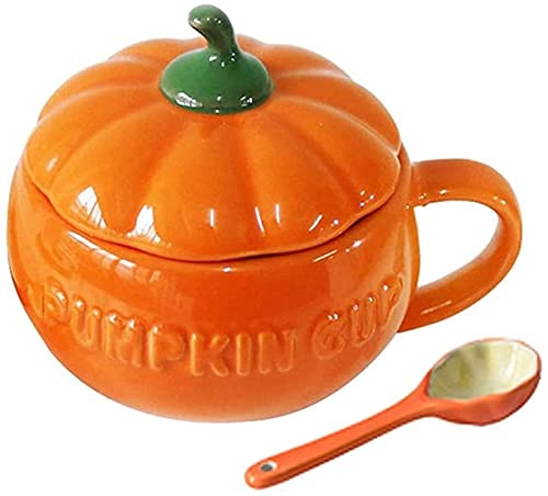 YBK Tech Niedliche Kürbistasse, Keramik-Kaffeebecher, 15.5oz Teetasse, Milchtasse mit Deckel (Tasse+ Löffel)
