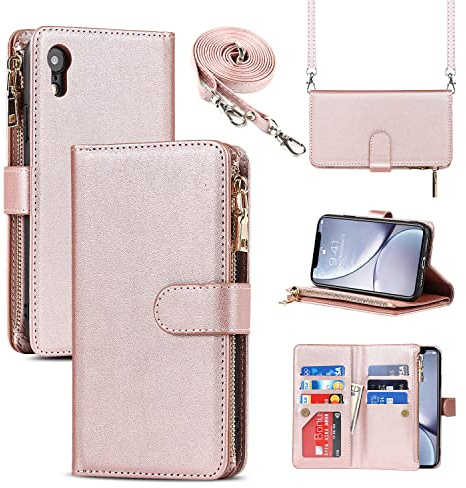 CAVOR Handykette Handyhülle kompatibel mit iPhone XR Hülle Mit Band,Flip Leder Geldbörse Hülle Mit Kette,[9 Kartenfach][Doppelte Schnalle],Umhängeband Klapphülle Handytasche - Roségold