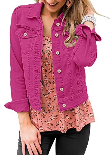 LookbookStore Long Sleeve Button Shirt Jacket Women Denim Blazer Jacket for Women Jean Blazer Jackets Spring Fall Outfits 2026 Very Berry Size XL Size 16 18