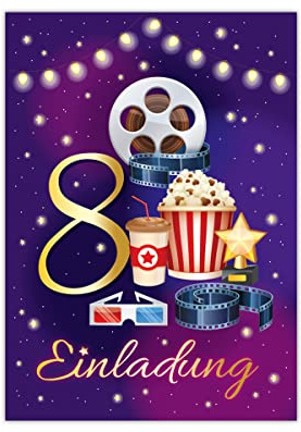 Junapack 12 Einladungskarten zum 8. Kindergeburtstag Kino achte Geburtstag Mädchen Jungen Cinema Kino-Party