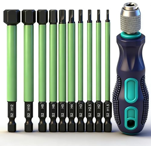 K Kwokker 10pcs Hex Head Allen Wrench Drill Bit Set, H1.5-H12 1/4” Hex-Shank S2 Steel Hex Bits Set, 100mm Hexagon Screwdriver Bits Set with Mini Handle Screwdriver Long Allen Key Bit Set