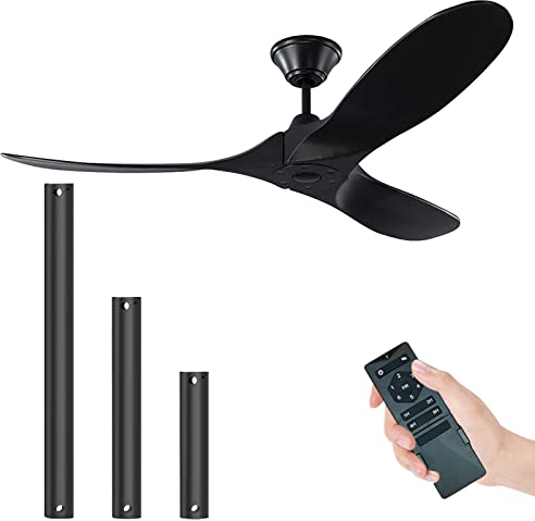 Deckenventilator Holz ohne Beleuchtung, 52 Zoll Schwarz Deckenventilator für DraußEn, Outdoor Deckenventilator ohne Licht, Zeiteinstellung， Deckenventilatoren für Niedrige Decken,Sommer Winter Modus