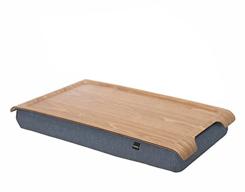 Bosign. Laptray Plateau avec coussin pouf pour ordinateur portable, petit déjeuner, taie d'oreiller amovible et lavable, en osier naturel, coussin gris, petit format 43 x 23 x 6,5 cm