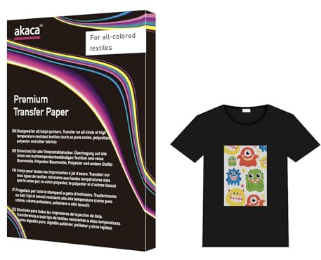 akaca Transferfolie DIN A4 20 Blatt Bügelfolie für Textilien/Stoffe aller Farben T-Shirt Papier für Tintenstrahldrucker
