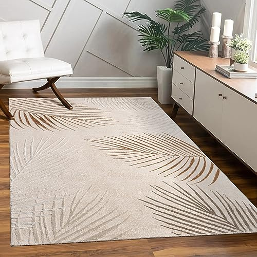 Paco Home Teppich Wohnzimmer Schlafzimmer Moderner Kurzflor glänzendes Palmen-Muster Florales Design Geometrisch Hoch-Tief-Effekt 3D, Grösse:160x230 cm, Farbe:Beige 2