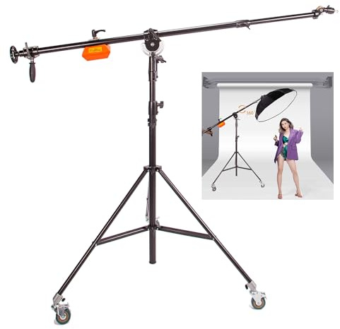 Super Heavy Duty Light Stand with Boom Arm, Casters and 13lbs Counterweight, Spring Cushioned Photography Stand for Studio Video Softbox, Reflector, Flash, Monolight, Max Load 22lbs