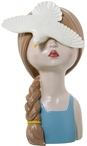 DRW Figura di Un Busto di Ragazza con Colomba in Resina 19x19x32cm, Vari Colori