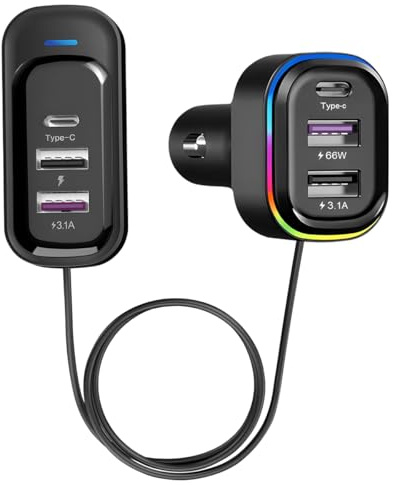 Ankuee Car Charger with 6 Multi Ports USB Type C, 66W & QC3.0 Fast Charging Adapter Auto Cigarette Lighter Plug, for iPhone 15 Max Pro Samsung Android Smart Phone Tablets & More