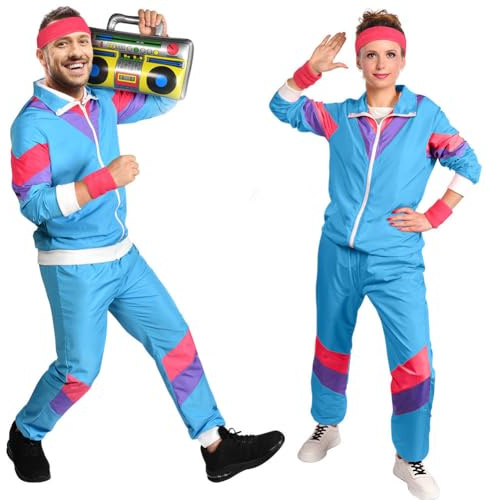 Aomig Disfraces Años 80 Hombre Mujer, Disfraz Chándal Años 80 con Diadema Muñequera, Chándal Retro para Rockstar Carnaval Halloween Cosplay Fiestas Disfraz Neón Jogging, Azul-XL
