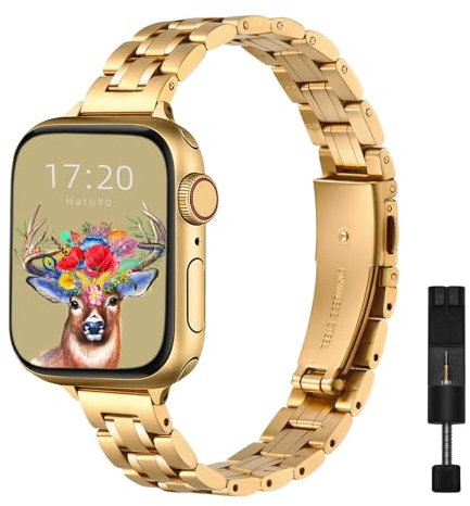 HaruYo Metallarmband kompatibelt med Apple Watch-armband 【38 mm/40 mm/41 mm】, justerbart ersättningsarmband i rostfritt stål, klockarmband unisex för iWatch Series 9 8 7 6 5 4 3 2 1 SE 2, guld