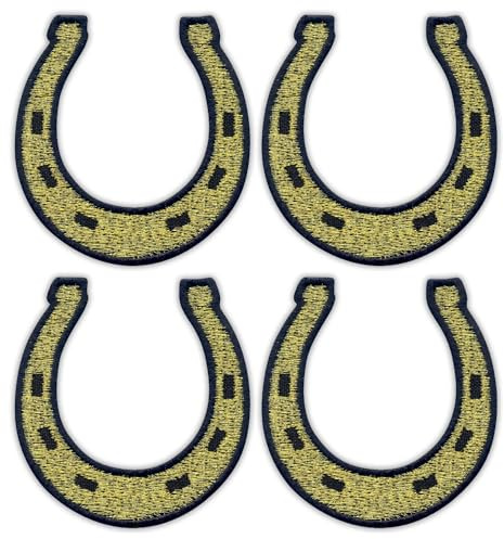 Set mit vier goldfarbenen Hufeisen – Bügeln/Heißsiegel-Rückseite – bestickter Aufnäher/Abzeichen/Emblem