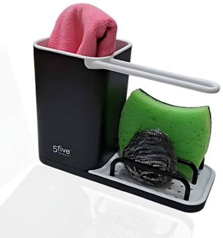 Organizador Fregadero 3 en 1 de Plastico ABS Fácil De Limpiar - Soporte Estropajo Fregadero con Compartimentos y Colgador Estropajo Fregadero - Organizador Fregadero Cocina Negro y Blanco.