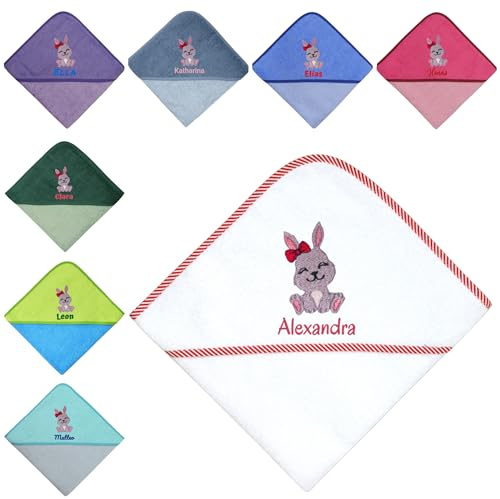 Kapuzenhandtuch Baby bestickt – Motiv Hase mit Schleife – 100x100 cm – personalisiert mit Name – Baumwolle – Geschenk zur Geburt & Taufe – Babyhandtuch – WÖRNER