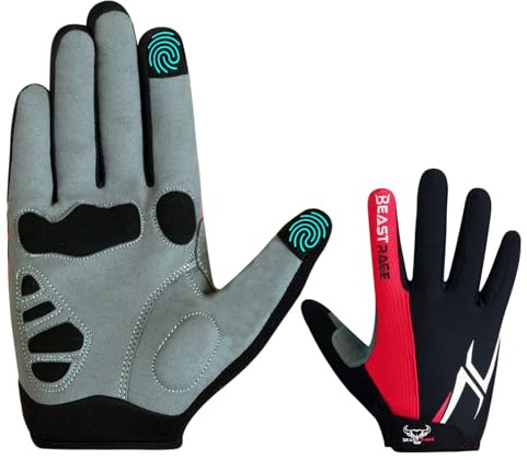 BEAST RAGE Guanti da ciclismo a mezze dita, per uomo e donna, con imbottitura in gel, antiscivolo, ammortizzanti, per sollevamento pesi, palestra, senza dita, traspiranti (Dito rosso-pieno, M)