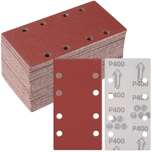 Sruhrak 50 Piezas 93 x 185mm Lijas para Lijadora, 400 Grano Rectangulares Papel de Lija 8 Agujeros Hojas de Lija para Rectangulares Lijadoras y Lijadora Orbital