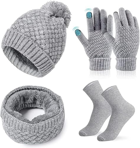 Ensemble Bonnet Echarpe Gan Hivert avec Gants Tactiles Chaussettes, Tricoter Bonnet Femme Hiver Coffret Cadeau pour Sports De Plein Air d'Hiver 4 in 1 Set