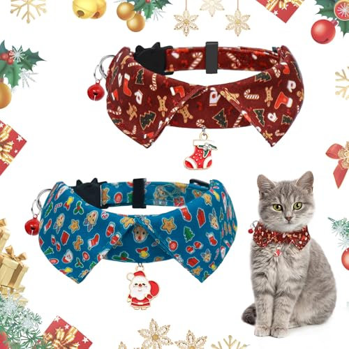 ALLONY Hundehalsband Weihnachten, Welpen Halsbänder, Halsband Katze, Katzenkostüm Weihnachten mit Sicherheitsverschluss und Glöckchen, Xmas Dekoration für Kleine Hunde und Katzen, 2 Stück