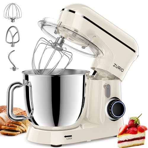 Zurio Batidora Amasadora 1300w, Amasadora de Pan Para Repostería 5.5L, Bol de Acero Inoxidable, Varillas Batidoras, Varillas Amasadoras(Cream)