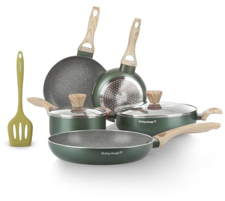 KASANOVA Batteria pentole 8 pezzi Cooking Therapy, Set pentole induzione e padelle antiaderenti con paletta, Set cucina completo con scritta al laser e manici effetto legno